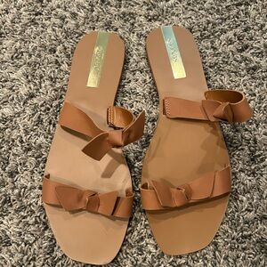 KAANAS Tan/Brown Flat Sandals with Knotted Straps